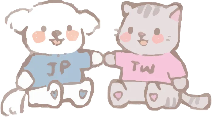Tsunagu 的兩隻角色：穿著 JP 藍色上衣的狗，和穿著 TW 粉色上衣的貓，牽著手坐在一起